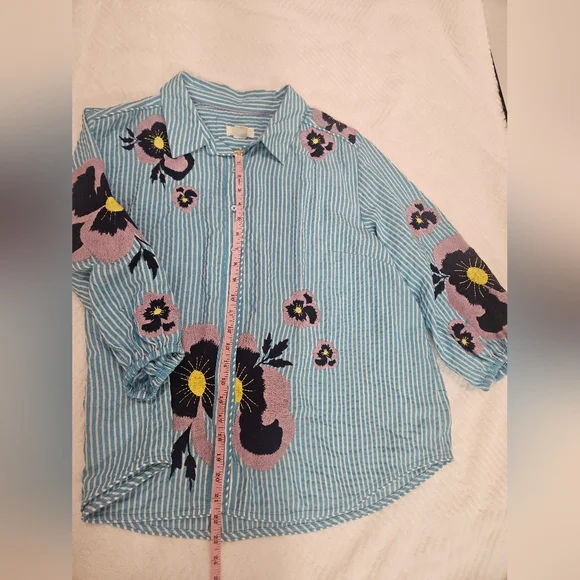 Anthropologie Maeve Floral Embroidered Buttondown Shirt Size XL Preppy - Picture 10 of 14